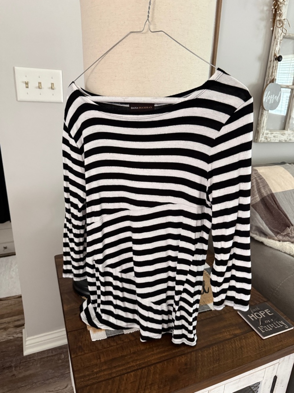 Dana Buchman Black and White Striped Long Sleeve Boatneck Top